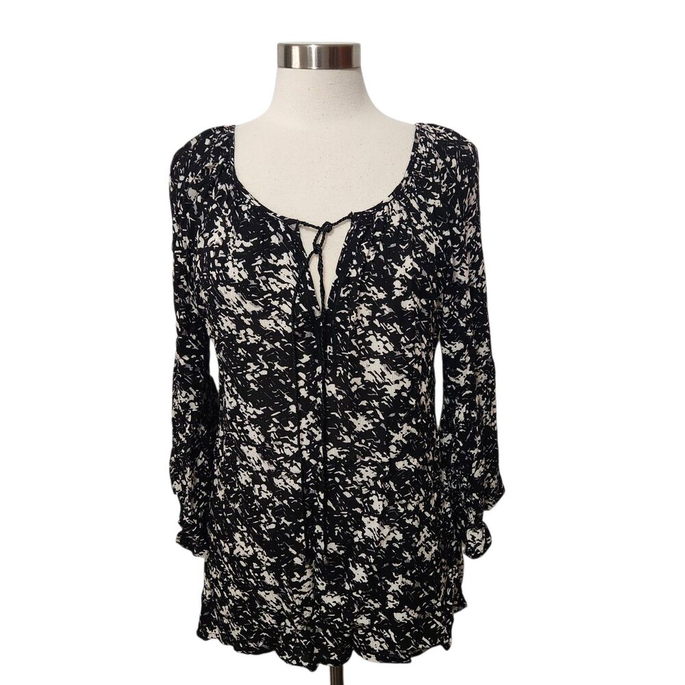 Amanda Blu Women Peasant Top M  Black Tassel Tie Pullover Bell Slv Boho Stretch